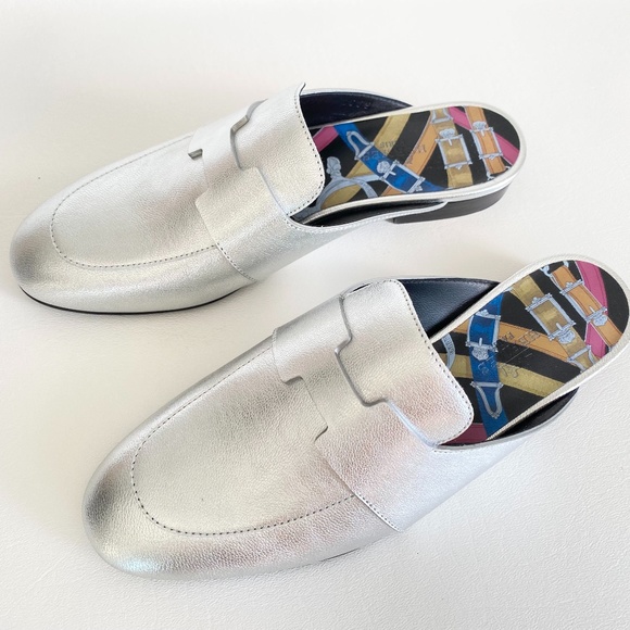 HERMES H CATENA SILVER LEATHER MULES FLIP FLOPS SHOES FLAT SLIDES 37 - Picture 11 of 15